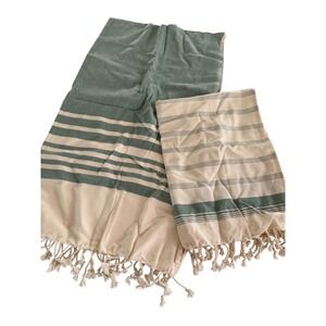 TerraKlay‎ Home Sage Green Cream Striped Cotton Hand Towel Set Fringe India